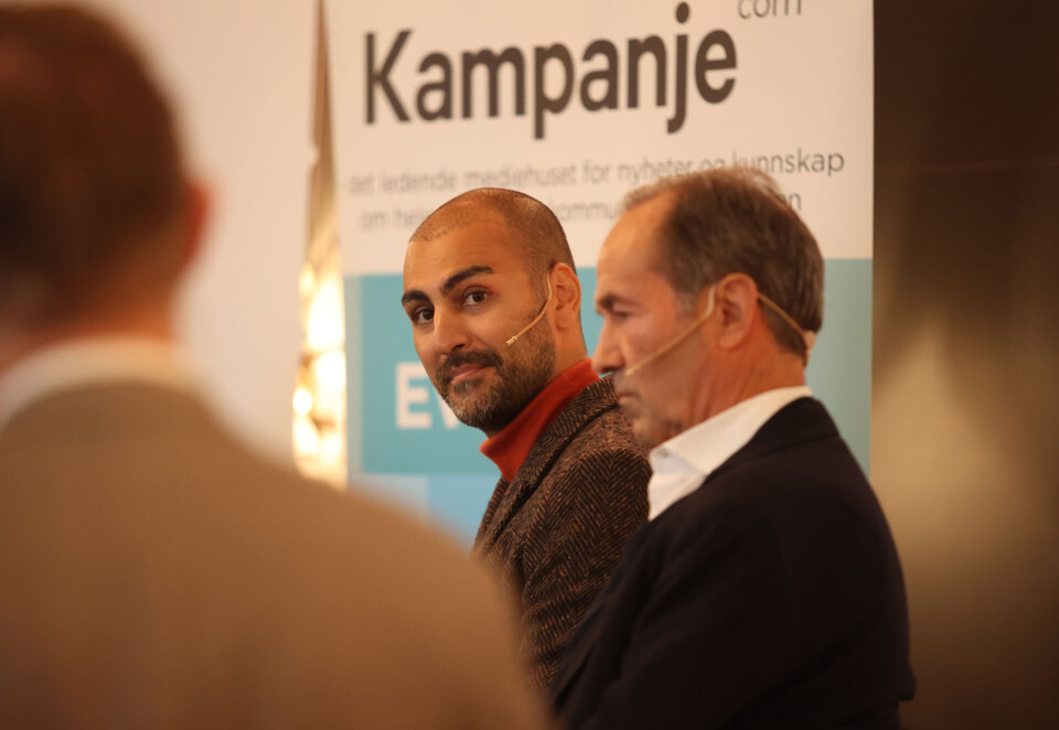 Snakket om eierskap: På Kampanjes mediekonferanse var Michael Aller en av paneldeltagerne som snakket om medieeierskap. Her sammen med FSN Capital-grunnlegger Frode Strand-Nielsen. Foto: Eivor Eriksen.