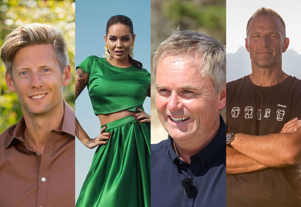 Reality-sjefer: Gaute Grøtta Grav, Triana Iglesias, Dag Erik Pedersen og Tom Stiansen har alle vært å se på skjermen i mars som programledere for «Farmen kjendis», «Paradise Hotel», «Mesternes mester» og «71° nord - Norges tøffeste kjendis». Foto: TV 2/TV3/NRK/TVNorge.