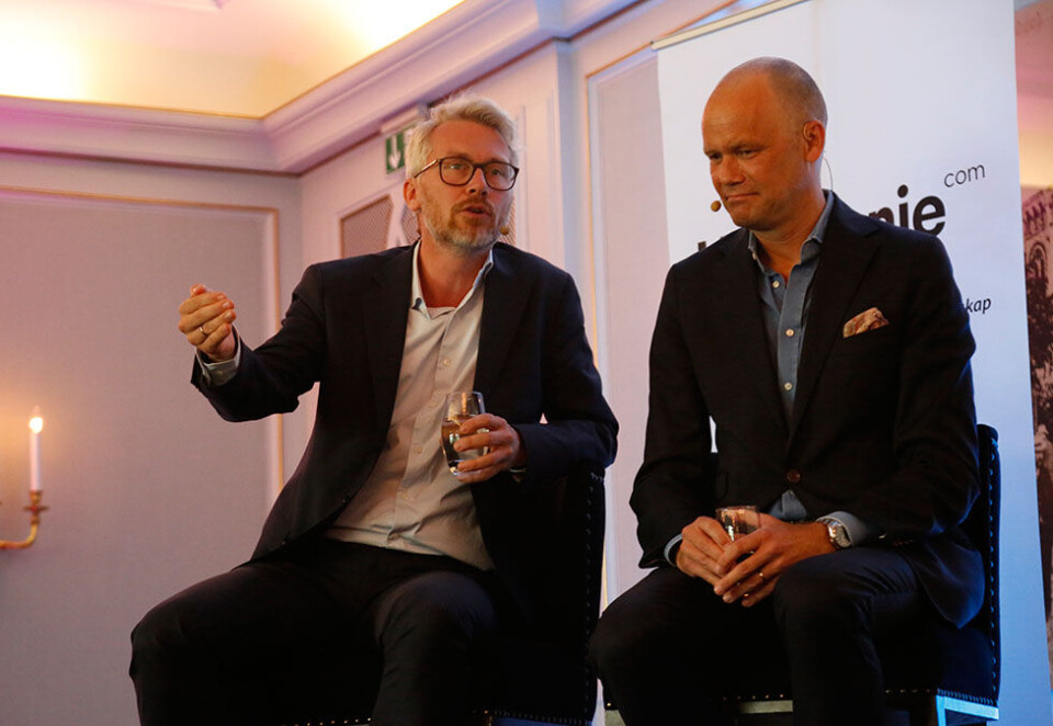 Får Telia som eier: Nå får TV4 og Casten Almqvist (til høyre) ny eier - og Almqvist blir med videre over til telekjempen for å lede tv-satsingen. Her er han sammen med TV 2-sjef Olav Sandnes under Kampanjes konferanse Media Business. Foto: Eivor Eriksen.