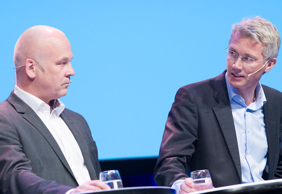 Mindre sjenerøse: Thor Gjermund Eriksen og Olav T. Sandnes mener Eurosport blir mer brysom med Harald Strømme bak spakene. Vinteridrett og sykkel skaper store rettighetskonflikter. Foto: Nordiske Mediedager.