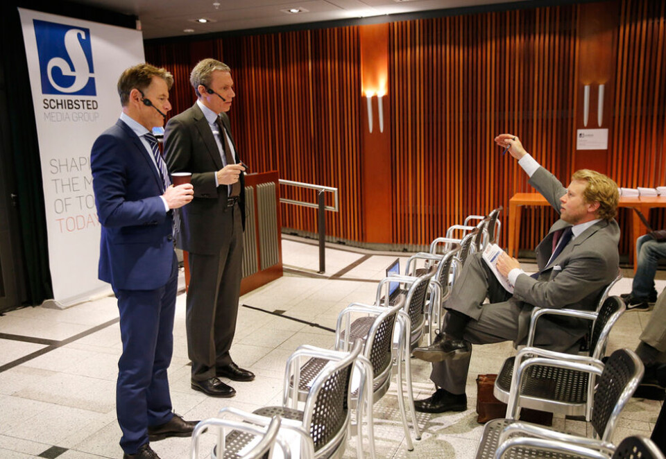 Måtte tåle refs: Konsernsjef Rolv Erik Ryssdal og Trond Berger (til venstre) fikk kritikk av Carnegie-analytiker Preben Rasch-Olsen under Schibsteds resultatpresentasjon i dag. Dette bildet er fra en presentasjon i 2013. Foto: Cornelius Poppe/NTB Scanpix