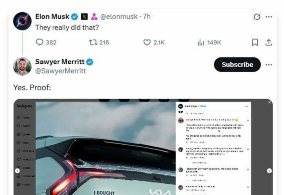 Vekker oppsikt: Tesla-eier Elon Musk er tilsynelatende lite imponert over konkurrentens norske reklamekampanje. Faksimile: X
