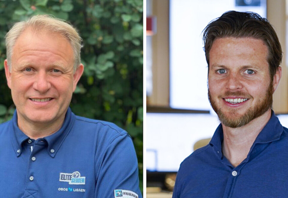 Nytt samarbeid: - Vi er begeistret over å få en pålitelig norsk aktør som NTB sportsdata på banen, sier Thomas Torjusen (til venstre), Mediesjef og digitalansvarlig i Norsk Toppfotball om samarbeidet med sportsdatasjef Terje Alstad i NTB og hans team. Foto: Anette Torjusen og Lise Åserud / NTB