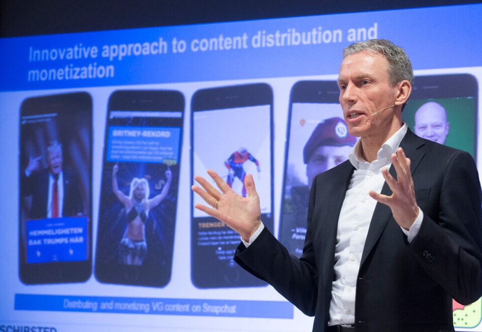 Mener Schibsted er slagkraftig: Schibsted-sjef Rolv Erik Ryssdal er ikke i tvil om at Schibsted matcher konkurransen fra Telenors kostbare annonseteknologi. Han er imidlertid positiv til et samarbeid mellom de to konsernene på de digitale annonseplattformene. Foto: Terje Pedersen/NTB Scanpix.
