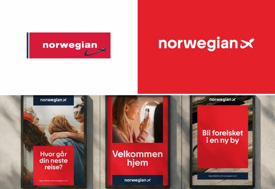 Ny og gammel logo: Den gamle logoen (oppe til venstre) har blitt redesignet og er snart klar til å fylle alle de digitale flatene til Norwegian. Foto: Norwegian/Try Design