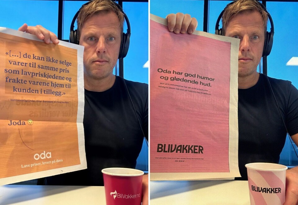 Nytt stunt: Bli Vakker-gründer Einar Øgrey Brandsdal følger opp Odas reklamestikk (til venstre) med en helside i Finansavisen (til høyre). Kampanje har grunn til å tro at bildet Brandsdal har publisert på Linkedin fredag er fotomanipulert, men annonsen er ekte. Skjermbilde: Linkedin