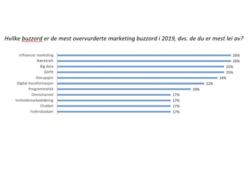 Mest slitte uttrykk: «Influencer marketing», «bærekraft», «big data og «GDPR» er uttrykkene markedsførere har gått mest lei av i 2019.