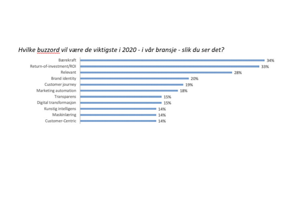 Buzzord i 2020: Ordet «bærekraft» topper listen over uttrykk bransjen tror vil være viktig i 2020.På pallen havner også uttrykkene «return-of-investment» og «relevant».