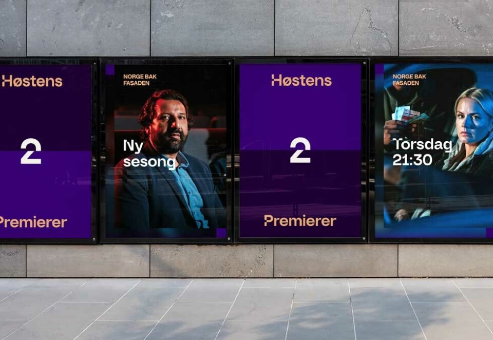 Modigere programmer: TV 2 presenterte i dag på en intersending i kanalen flere nye strategier der TV 2-sjef lover et større digitalt taktskifte og en kanalen som tar modigere programvalg. Her en utendørsreklame for programmet «Norge bak fasaden» med den nye TV 2-logoen.