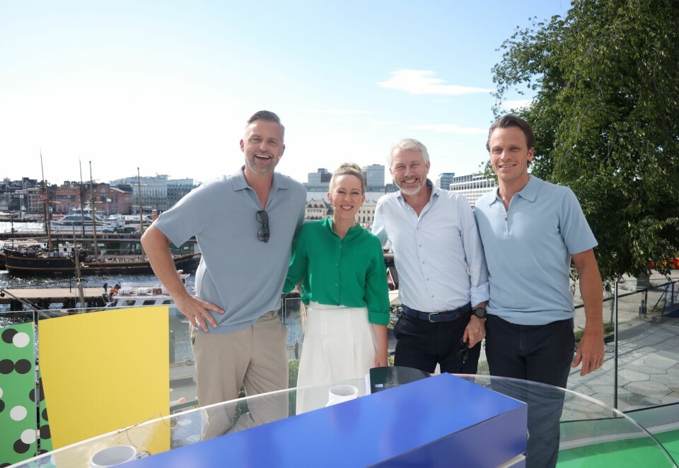 Uten NRK: Jon Hartvig Børrestad, Anne Sturød, Olav Sandnes og Simen Stamsø Møller styrer TV 2-sjappa fra Kontraskjæret, i år uten en eneste NRK ansatt tilstede. Foto: Eivor Eriksen.