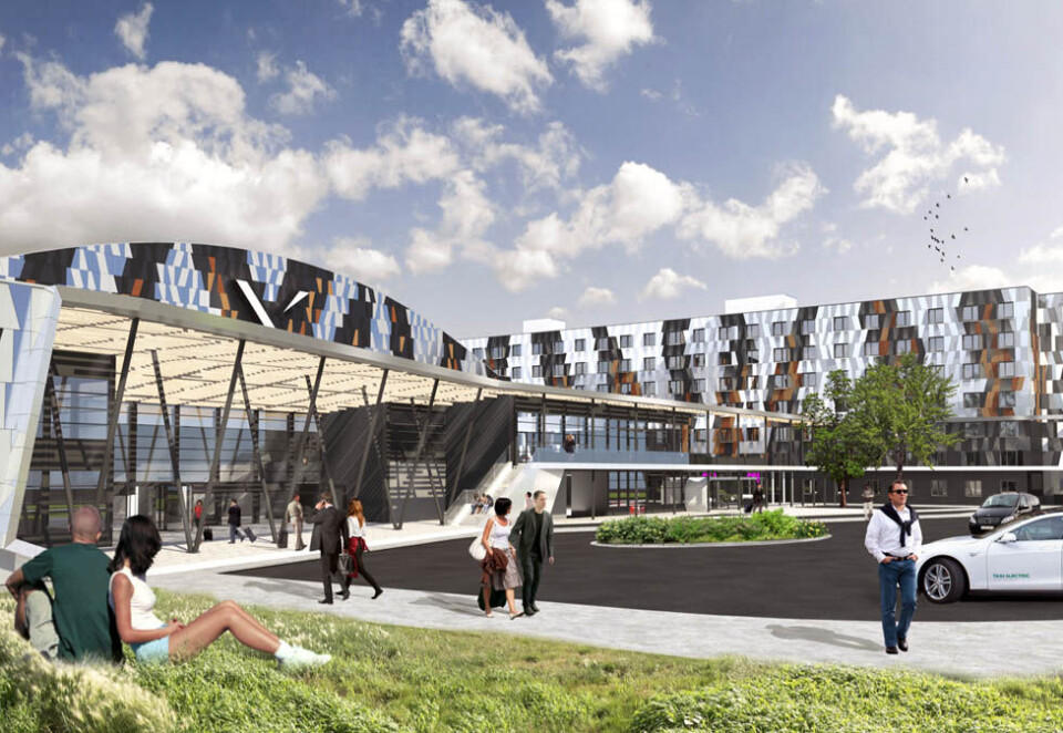 Exporama blir ny: X Meeting Point Norway skal være et unikt opplevelsessenter med messer, konferanser, event, hotell - og restaurantopplevelser. Her et bilde av hvordan utviklerne ser det for seg på utsiden gamle Exporama på Hellerudsletta.