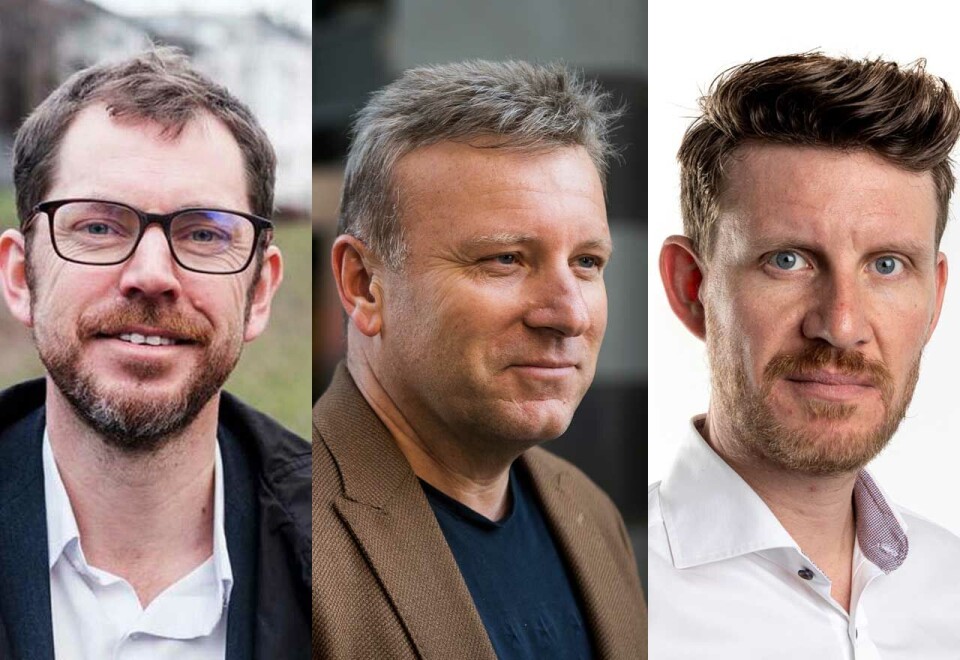 Ikke enige: Kulturkommentator i Bergens Tidende Jens Kihl (til høyre) utdyper kritikken han kom med i helgen rundt ordskiftet om Pride og trekker nå frem eksempler fra både Vårt Land og Dagen. Til venstre sjefredaktør Bjørn Kristoffer Bore i Vårt Land og Vebjørn Selbekk i den kristelige avisen Dagen (i midten). Foto: NTB.