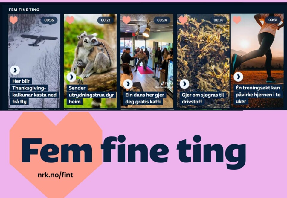 Fem fine nyheter: NRK startet 4. oktober 2024 med publisering av et ukentlig videoformat, kalt «Fem fine ting». Hver fredag legges det ut nye videoer som holdes høyt oppe på forsiden på NRK.no gjennom helgen. Foto: NRK skjermbilde