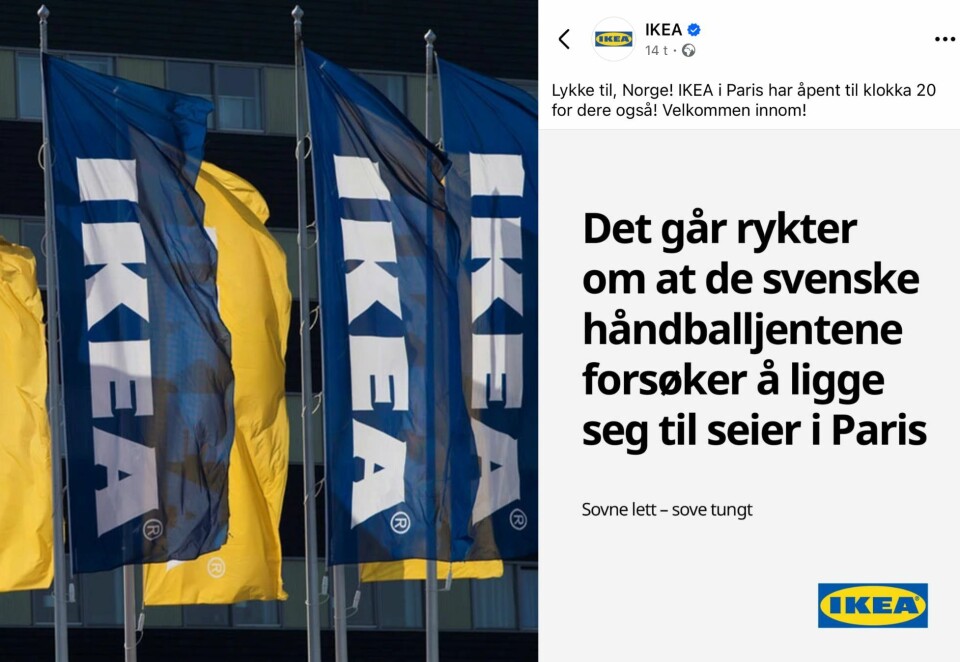 Vekker reaksjoner: Ikke alle synes Ikeas spøk på bekostning av de svenske håndballjentene er like morsom. - Hopper i stolen av å se dette, sier tidligere reklamemann og TV-gründer. Foto: NTB/Ikea