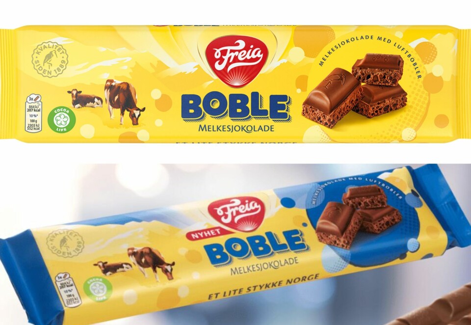 Tilbake til utgangspunktet: Freia Boble ble relansert i blått og gult (nederst) på høsten i fjor. Snart blir sjokoladeplaten å finne i nytt design med gul emballasje (øverst). Foto: Freia