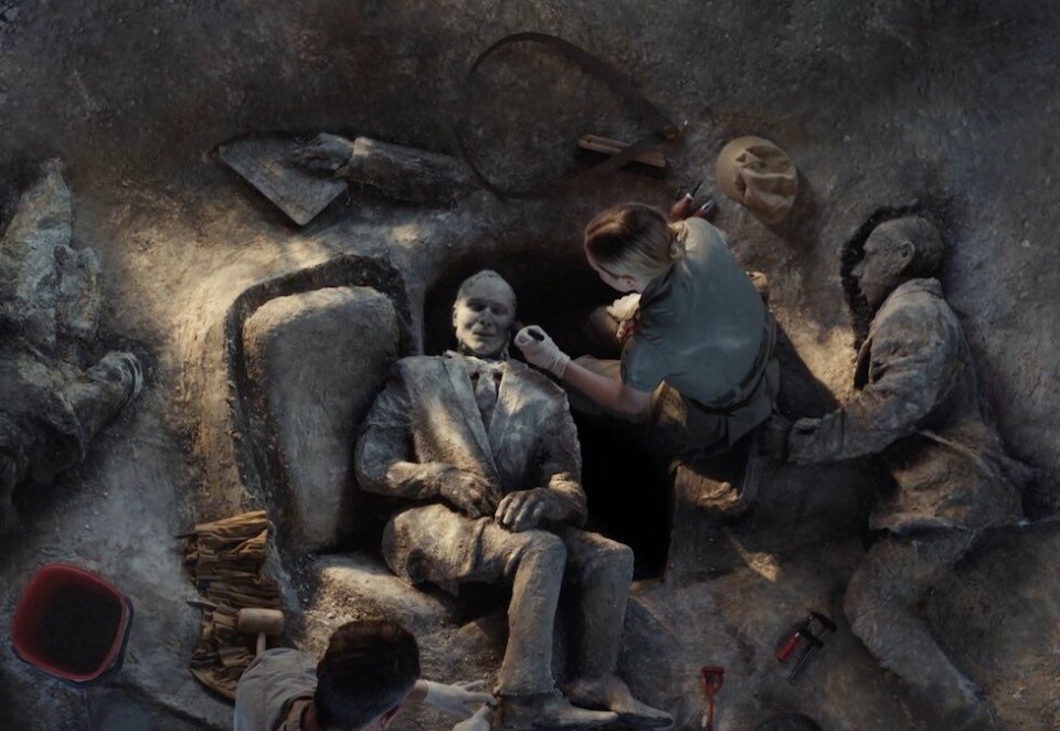 Slår ikke an: Storebrands nyeste reklamekonsept hvor arkeologer graver fram fossiler med et smalt syn på bærekraft skaper høy oppmerksomhet hos folk, men flere reagerer negativt enn positivt til reklamen. - Vi ønsker å være tydelige i vår kommunikasjon, sier markedsdirektør. Foto: Skjermdump