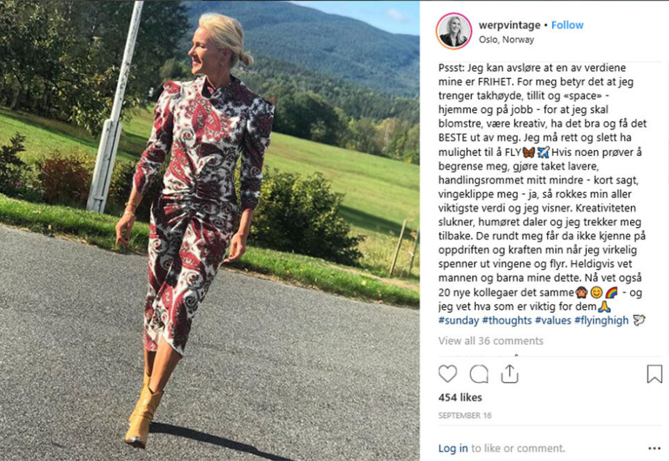 Deler gledelig: Gjyri Helén Werp deler smått og stort med sine følgere på Instagram. I midten av september fortalte hun hvorfor frihet var viktig for henne, også i jobbsammenheng. Faksimile: Instagram.