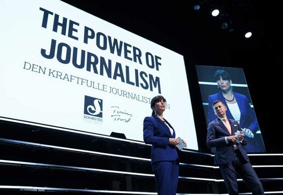Måtte avlyse: En Z Event-konferanse som ble avlyst i fjor var Schibsted-konsernets The Power of Journalism. Her leder av stiftelsen Tinius, Kjersti Løken Stavrum, og Sverige-sjefen Raoul Grünthal på den samme konferansen for to år siden. Foto: Killian Munch.