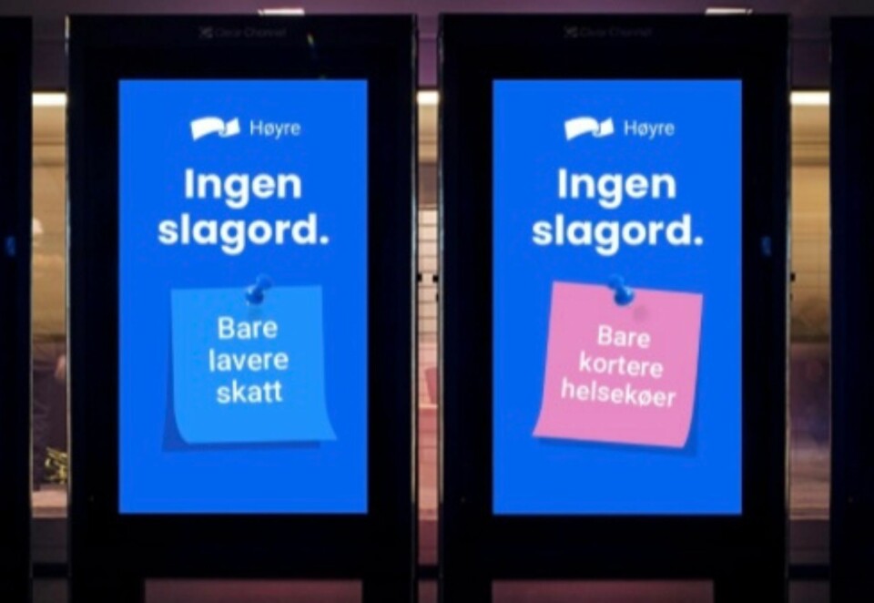 Nytt slagord: Her ser du to varianter av Høyres slagord for 2025 som alle begynner med «Ingen slagord». Foto: Illustrasjon.