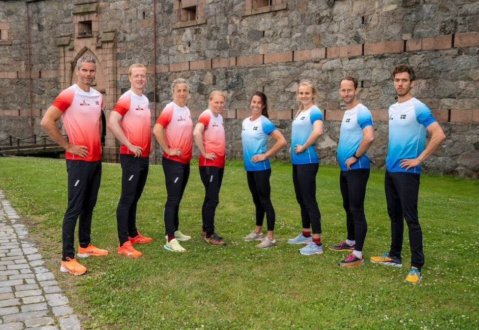 Kampklare: Thomas Alsgaard (f.v.), Johannes Thingnes Bø, Astrid Uhrenholdt Jacobsen, Tora Berger, Magdalena Forsberg, Stina Nilsson, Anders Södergren og Marcus Hellner. Foto: Per Magne Dalen/TV 2