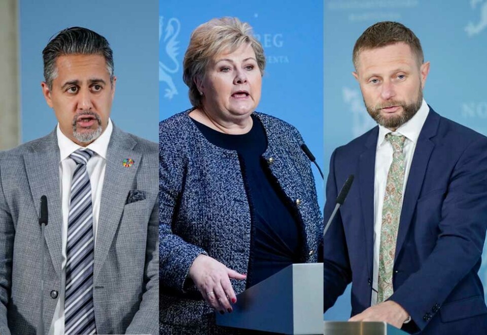 Krisekommunikasjon: Kulturminister Abid Raja, statsminister Erna Solberg og helseminister Bent Høie har alle kommunisert krevende saker i løpet av koronakrisen. Retorikkforsker Magnus Hoem Iversen gir statsrådene sine tilbakemelder på myndighetenes krisekommunikasjon i ny podkast. Foto: Scanpix.