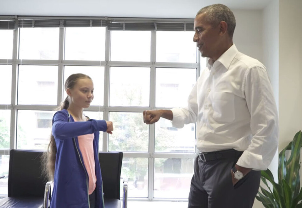 Thunberg og Obama: Etter at de møtte hverandre i september, delte den tidligere amerikanske presidenten et bilde av de to sammen på Instagram. Det gjorde ikke Thunberg. Foto: Obama Foundation/Reuters