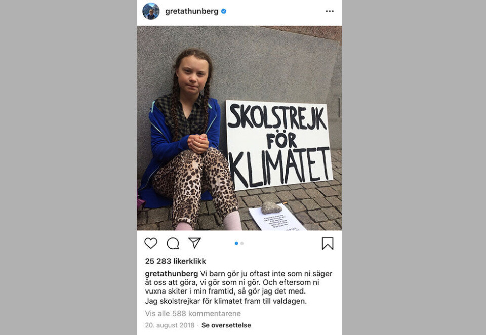 Slik startet det: 20. august 2018 la Greta Thunberg ut det første bildet på Instragram fra skolestreiken sin. Ett år og fire måneder senere, utnevnes hun til årets person av Time. Faksimile: Instagram