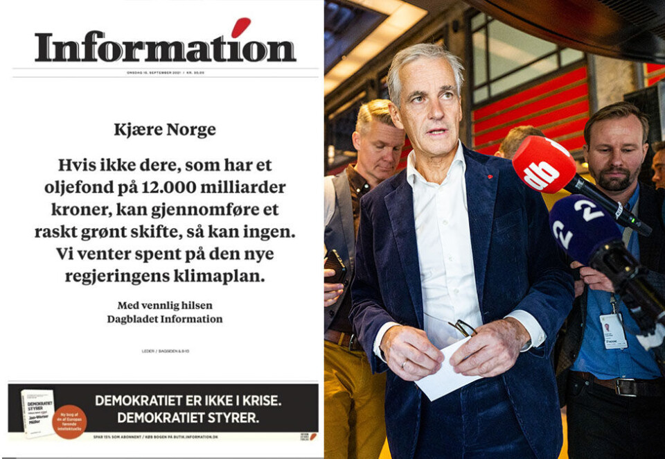 «Kjære Jonas»: - Det er en vanskelig oppgave, men kjære Jonas Gahr Støre, du har en forpliktelse til å gå først i klimakampen, skriver den danske avisen Dagbladet Information i dag. Foto: Skjermdump/NTB