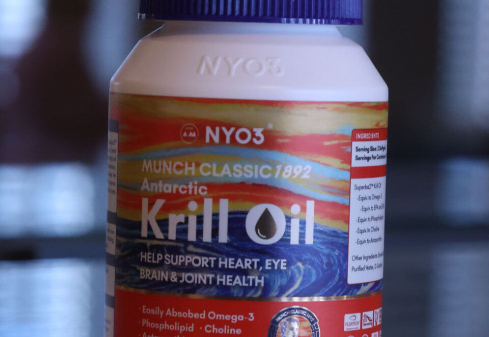 Krill på kinesisk: Den norske krillolje pakkes inn av det kinesiske selskapet NYO3 og importøren bruker norske referanser som den norske kunstmaleren Edvard Munch i merkevarebyggingen. Foto: Eivor Eriksen.