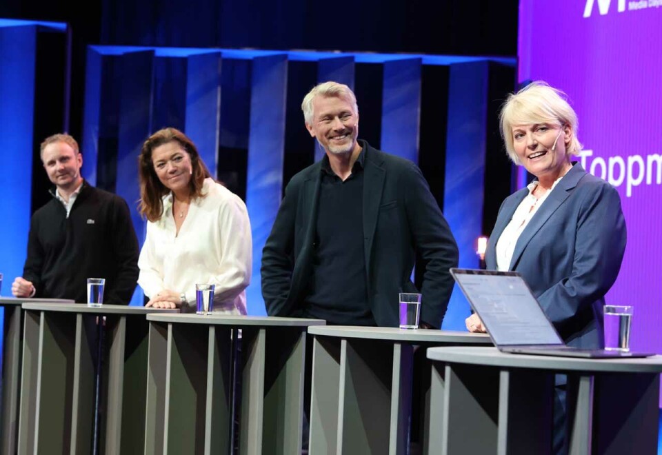 Tenner OL-håpet: NRKs nye kringkastingssjef Vibeke Fürst Haugen har fått smaken på TV-sport. Denne uken sikret hun seg to Ski-VM og nå kan Kampanje også avsløre at den nye NRK-sjefen har lagt inn bud på OL. Her Fürst Haugen under et TV-toppmøte på årets Nordiske Mediedager med blant annet dagens OL-rettighetshaver, Espen Skoland fra Warner Bros Discovery (helt til venstre). Foto: Eivor Eriksen.