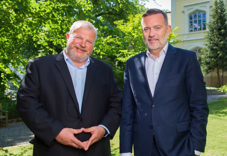 PR-kollegaer: Bjarne Håkon Hanssen (til venstre) og Jan-Erik Larsen gikk fra politikken til First House og er nå kollegaer i Kruse Larsen. Ifølge Hans Geelmuyden gikk de først til Geelmuyden Kiese, men fikk avslag. Foto: Espen Solli