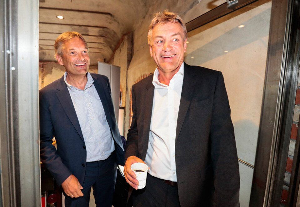 Vil ha mer å servere kundene: Samme dag som nyheten om at Telia kjøper Get, varsler Telia-sjef Abraham Foss (t.v) og Get-sjef Gunnar Evensen en offensiv strategi i innholdsmarkedet framover. Foto: Lise Åserud/NTB Scanpix.
