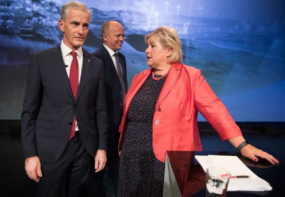 Kjemer om toppjobben: Hvem blir landets neste statsminister? Erna Solberg (H) er fortsatt landets foretrukne statsminister, viser en ny måling fra VG. 41 prosent foretrekker henne foran Jonas Gahr Støre (24 prosent) og Trygve Slagsvold Vedum (18 prosent). Arkivfoto: Terje Pedersen / NTB