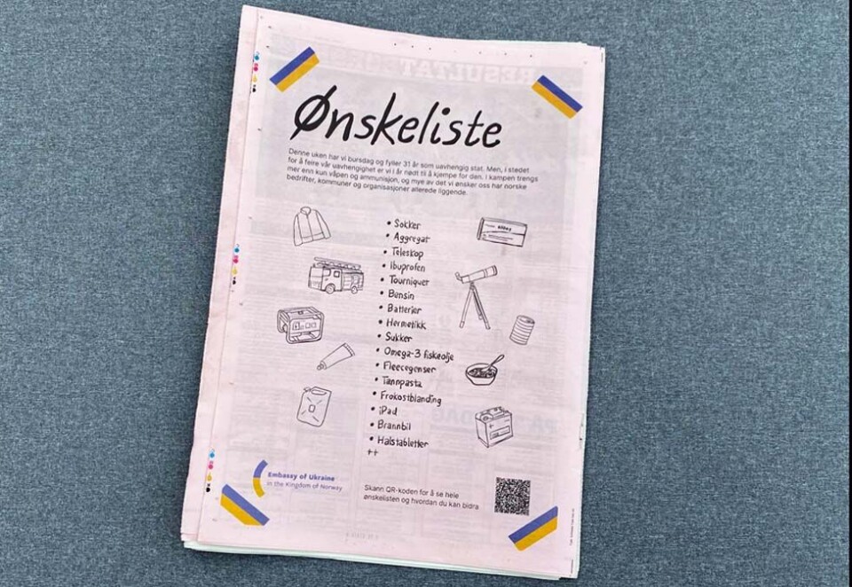 Ønskeliste: Mange har i dag på selveste nasjonaldagen til Ukraina uttrykt støtte og sympati til folket i Ukraina. Nå har også norske byråer og mediehus gått sammen om en kampanje. - Denne ønskelisten er høyst reell og viser at Ukraina har behov for annet enn krigsmateriell, sier Kenneth Pederse i Anti til Kampanje. Foto: Anti.