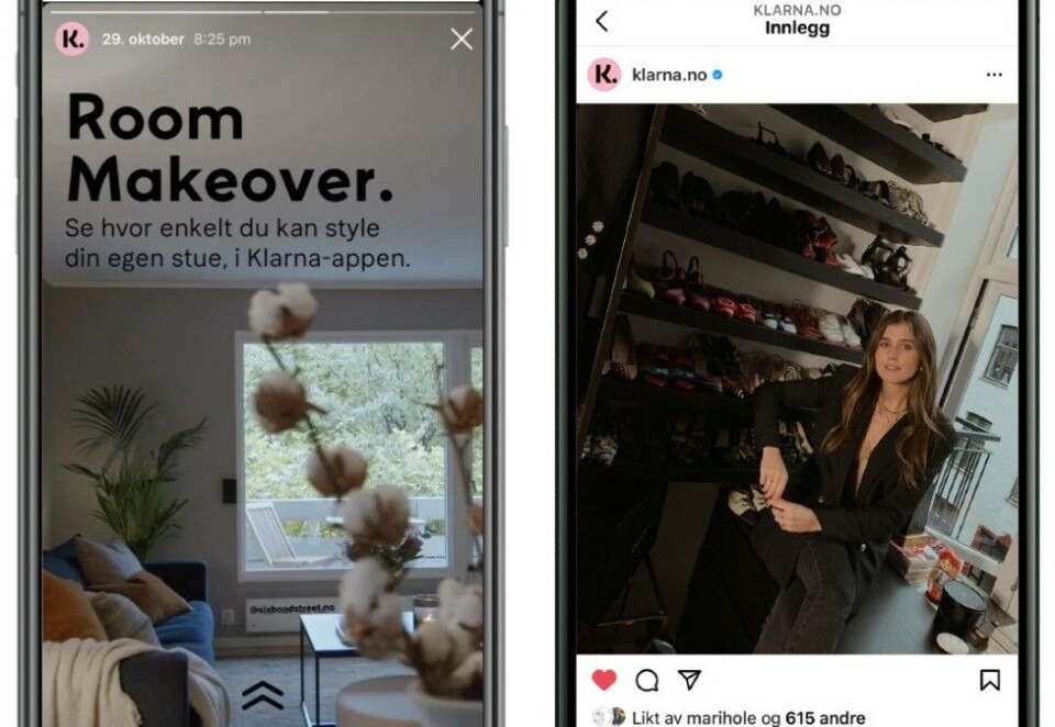 Lager innhold: Klarnas Instagram-konto består av både inspirasjon, rabatter, «give-aways» og samarbeid med influencere. Foto: Klarna