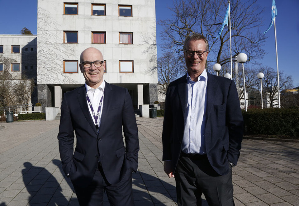 Selger og kjøper: Kringkastingssjef Thor Gjermund Eriksen (til venstre) har kommet et stort skritt videre i den planlagte flyttingen av NRK. Ferd-eier Johan H. Andresen har planene klare for Marienlyst-området. Foto: Eivor Eriksen