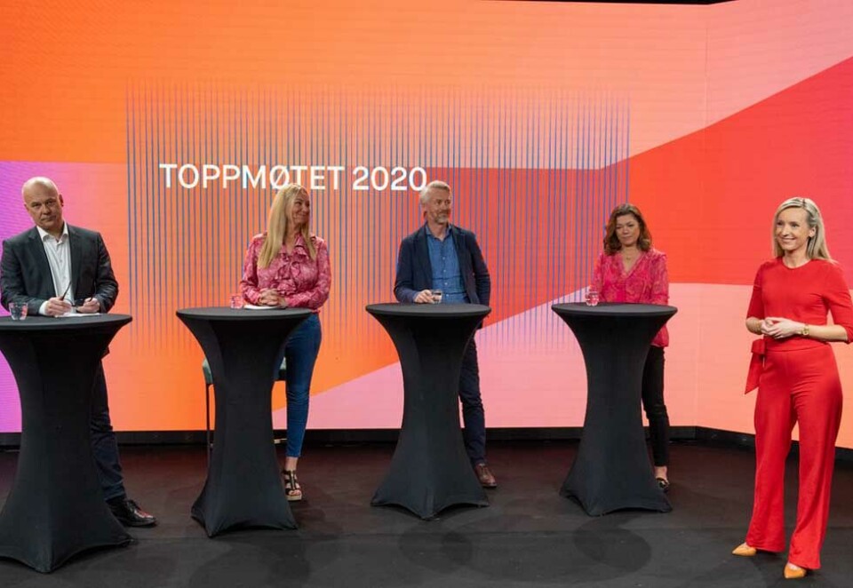 TV-toppmøte på nett: Kringkastingssjef Thor Gjermund Eriksen, Discovery-sjef Tine Austvoll Jensen, TV 2-sjef Olav T. Sandnes, Schibsted-topp Kristin Skogen Lund og debattleder Yvonne Fondenes fra TV 2 var med på digitalt TV-toppmøtet under Nordiske mediedager. Foto: Scanpix