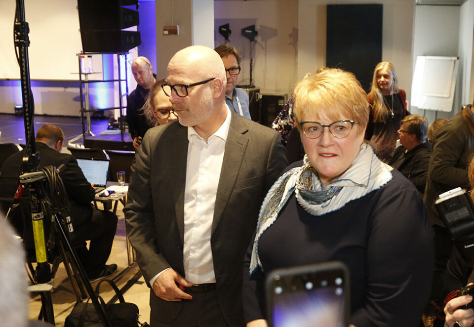 Ny NRK-finansiering: I mars presenterte kulturminister Trine Skei Grande (V) den nye finansieringen av NRK og norske medier. Her sammen med NRK-sjef Thor Gjermund Eriksen. Foto: NTB Scanpix.