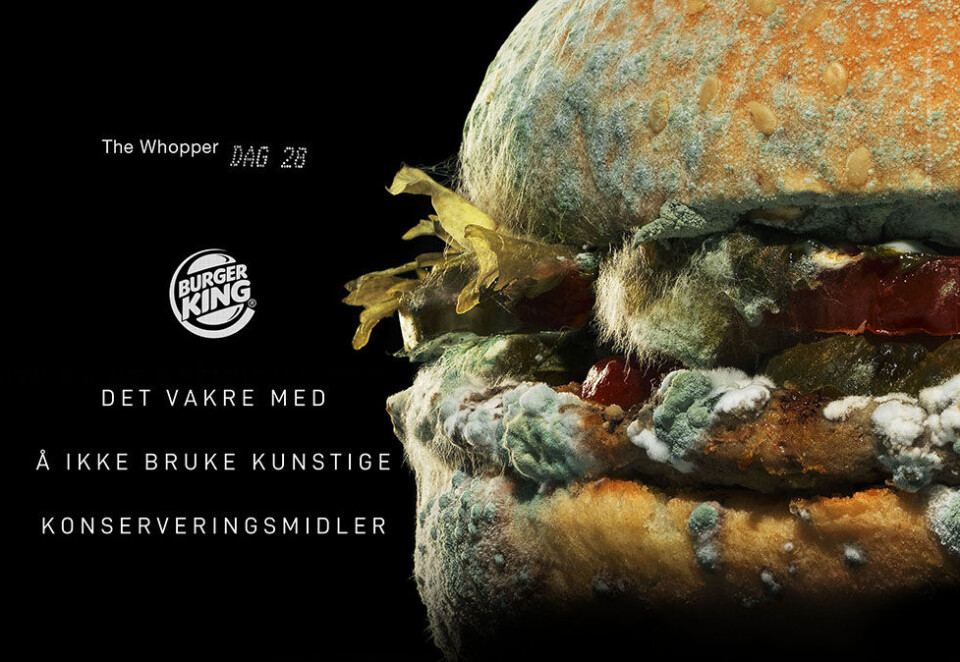 Grønn glede: I sin nye reklamekampanje forsøker Burger King å overbevise kundene om at mugg er vakkert. Denne hamburgeren skal ha stått i 28 dager. Foto: Burger King
