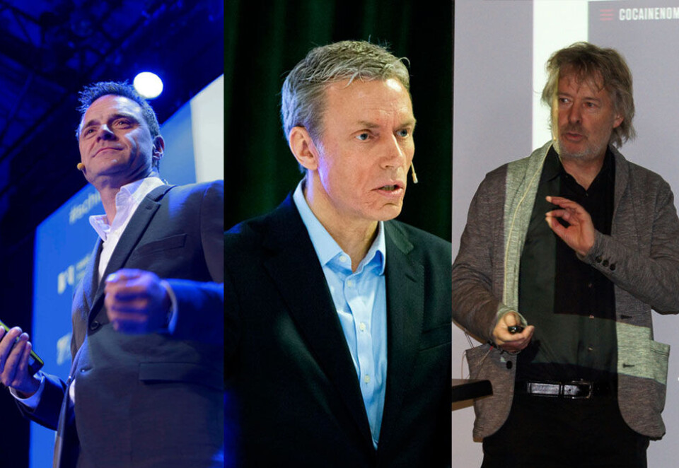 Forsvinnende liten andel: Schibsted-sjef Rolv Erik Ryssdal (i midten) leder et konsern som blir stadig mindre avhengig av mediehusene sine, her illustrert med Aftenposten-redaktør Espen Egil Hansen (til venstre) og VG-sjef Torry Pedersen. Foto: Roberst S. Eik/Vegard Wivestad Grøtt (NTB Scanpix)/Camilla Hellum.