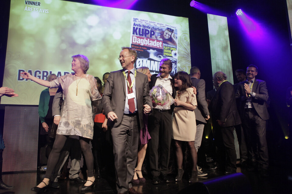 Jublet: Politisk redaktør Marie Simonsen og sjefredaktør John Arne Markussen jublet over Dagbladets solide prisfangst i Bergen onsdag kveld. Foto: Paul S. Amundsen