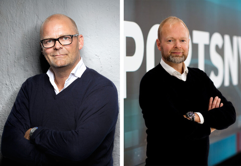 Fotballfeide: Viaplay Groups sportssjef Peter Nørrelund (til venstre) er overbevist om at TV 2 krenker deres rettigheter. Sportsredaktør Vegard Jansen Hagen i TV 2 avviser anklagene. Foto: Viaplay Group/TV 2