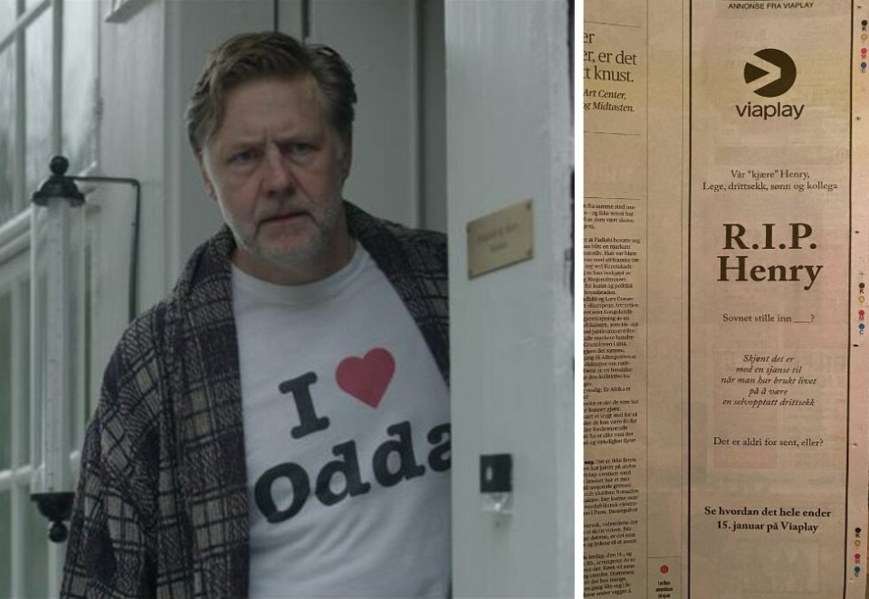 Utradisjonell annonse: Mads Ousdal spiller i den nye dramaserien «R.I.P. Henry» på Viaplay. Til høyre kan du se annonsen som stod på trykk i Aftenposten torsdag.