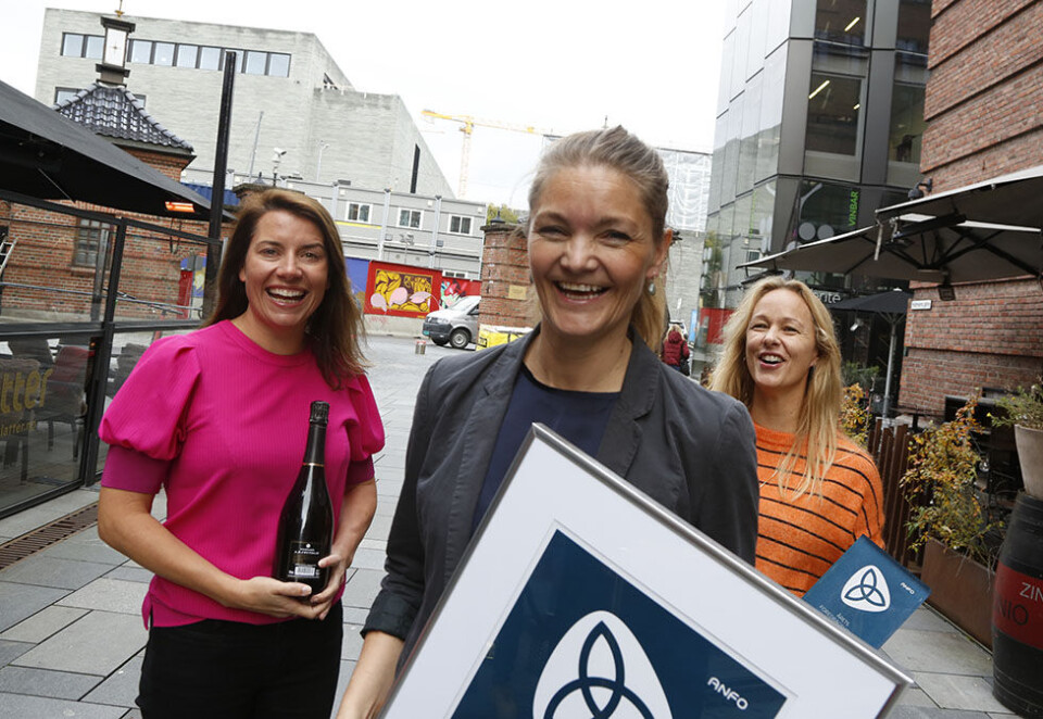 Tok storeslem: Hanne Norstrøm-Ness (i midten) får hovedprisen, mens Vipps-kollegaene Kine Merete Bergseth (til venstre) og Elisabeth Haug var med og ta spesialprisen da Årets foredragsholder ble kåret i dag. Foto: Eivor Eriksen