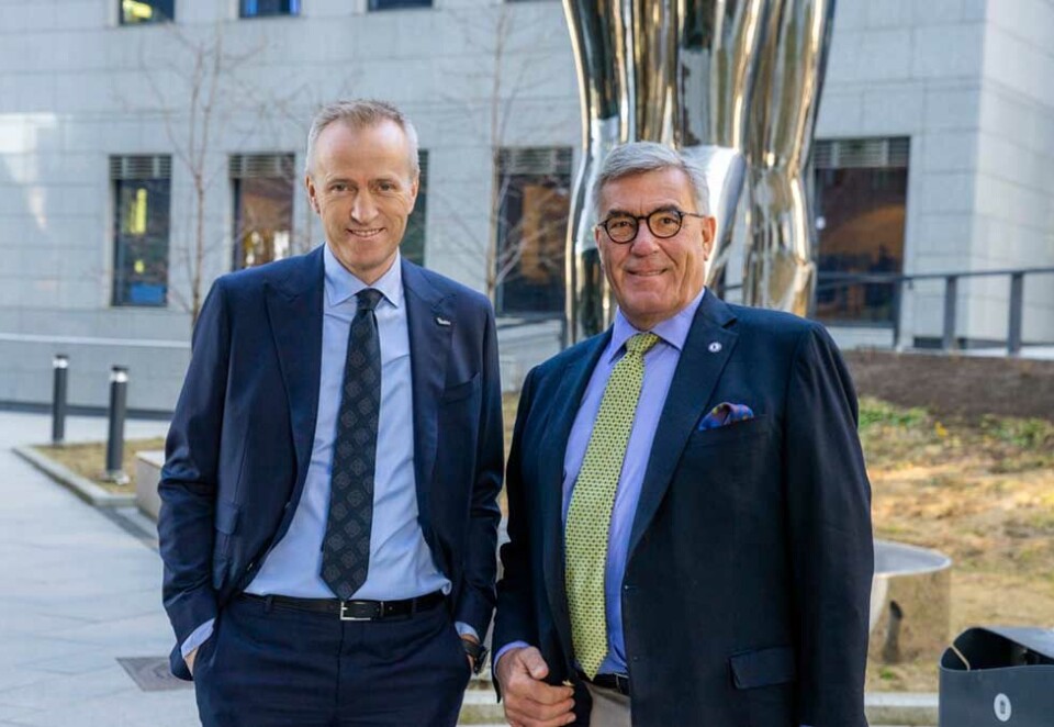 Ny strategi: Konsernsjef Nils K. Selte (til venstre) og styreleder Stein Erik Hagen presenterer ny selskapsstruktur og strategi for Orkla. Foto: Thomas Brun/NTB