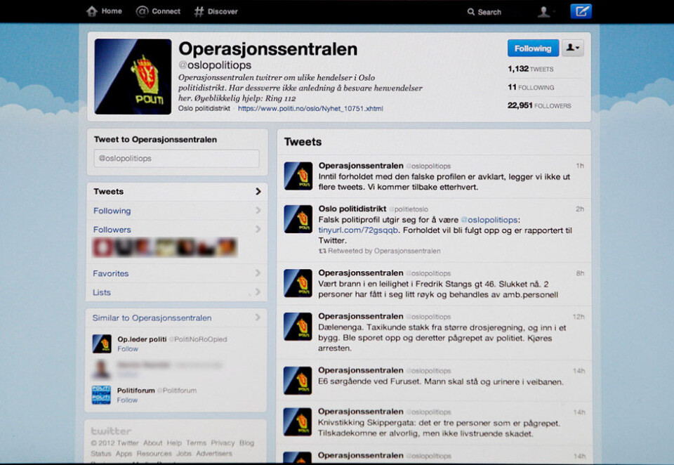 På Twitter: Politiet bruker Twitter som viktigste informasjonskanal mot pressen. Foto: Håkon Mosvold Larsen / Scanpix