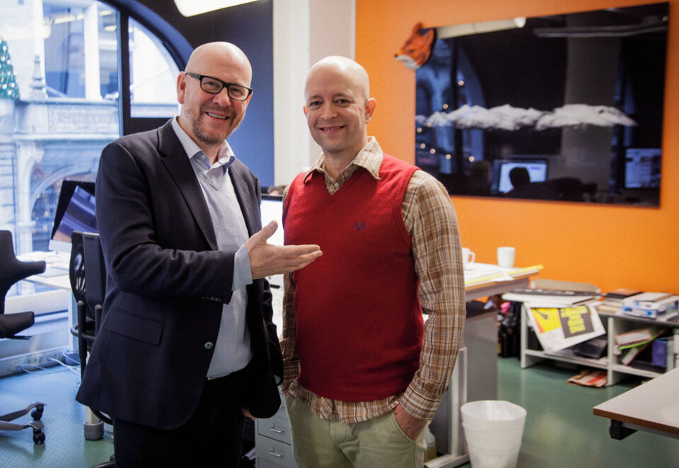 This is the man: Administrerende direktør Kjetil Try (t.v.) viser frem mannen som skal være med å bygge opp content-satsingen til Norges største reklamebyrå, Try. Til høyre nyansatt Cato Gjertsen.