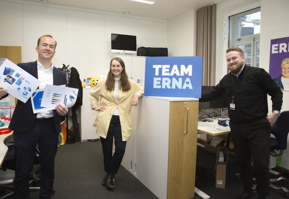 Klar for digital valgkamp: Christian Hushovd, Cecilie Victoria Jensen og Christian Schjelderup står i spissen for overhalingen av Høyres visuelle profil og digitale tilstedeværelse. Foto: Eivor Eriksen