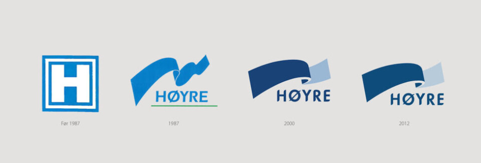 Gjennom tidene: Høyre-logoen slik vi kjenner den tok form i 1987 og ble modernisert i 2000. I 2012 fikk den en liten justering, men nå får den sin største overhaling på 20 år. Foto: Høyre