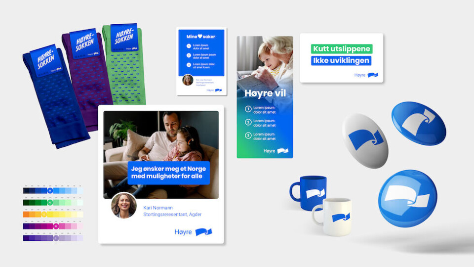Flere farger å spille på: Sokker, Facebook-profiler, buttons, kaffekrus og Instagram-annonser er bare noen av bruksområdene til det nye visuelle designet. Her ser du også de nye fargene som skal støtte opp om hovedfargen. Bilde: Høyre